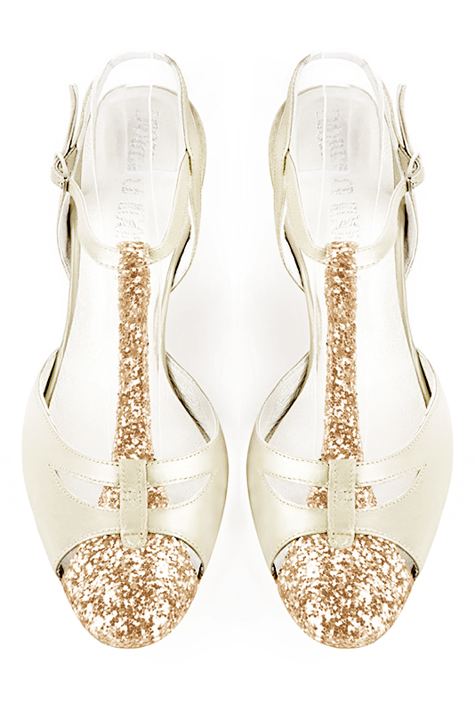 Gold and off white women's open back T-strap shoes. Round toe. Medium comma heels. Top view - Florence KOOIJMAN